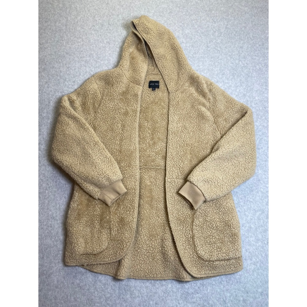 Love Tree Tan Sherpa Fleece Hooded Cardigan Open Front Teddy Jacket Large